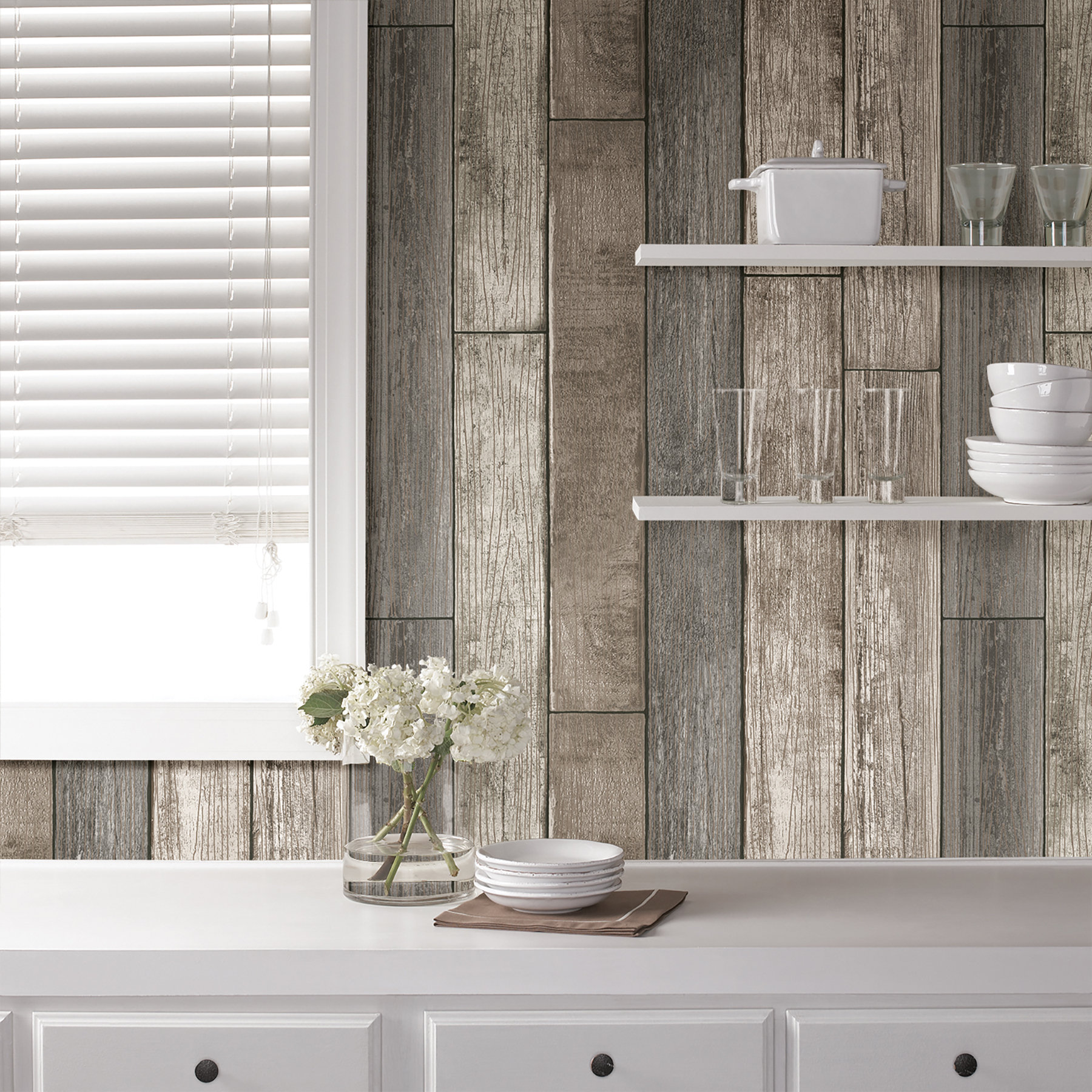 WallPops! Nu 18' x 20.5" Reclaimed Wood Plank Natural Wallpaper Roll